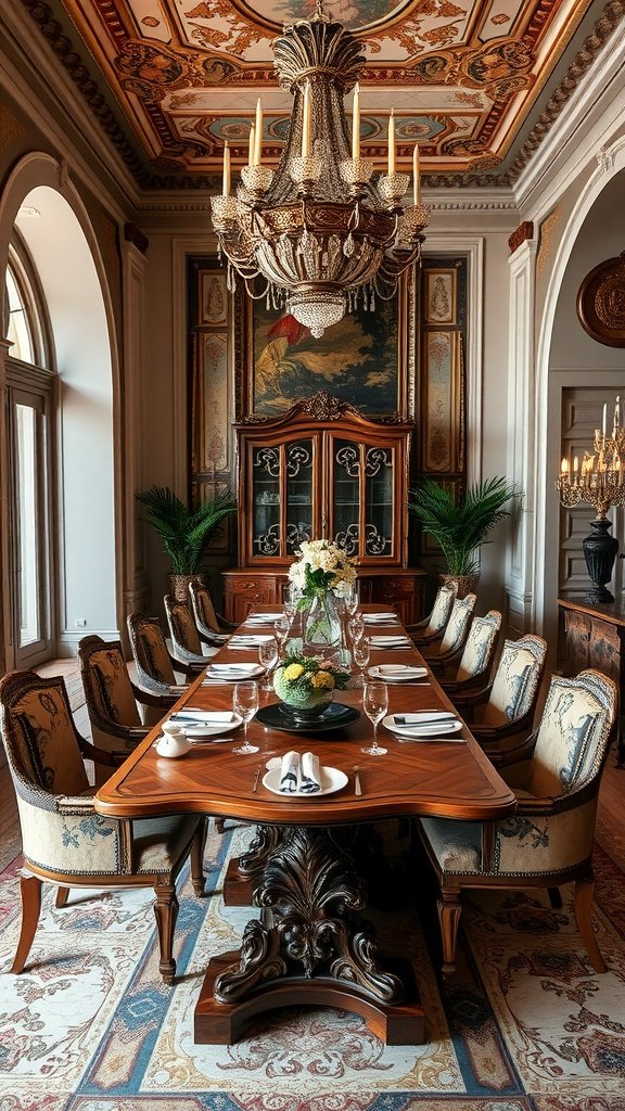 Luxurious Italian dining room featuring an elegant wooden table, upholstered chairs, a chandelier, and decorative plants.