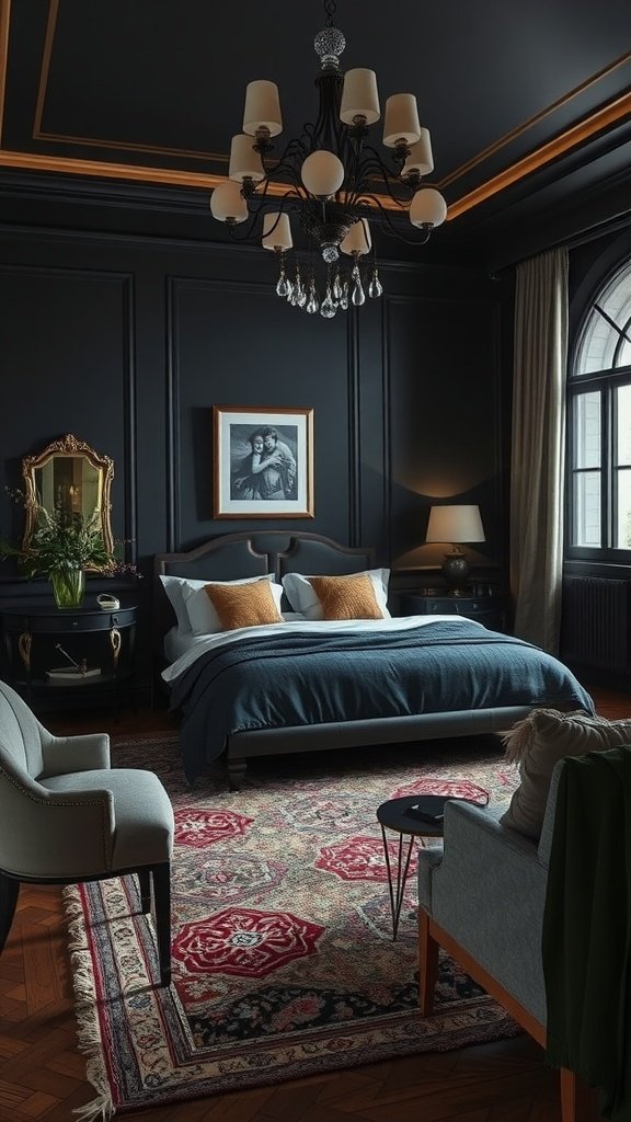 A dark and moody bedroom featuring a modern bed, elegant lighting, rich textures, and warm accents.