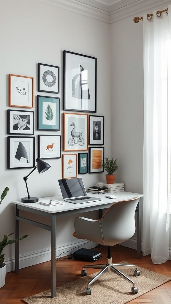 A home office setup featuring a gallery wall with framed art, a simple desk, and a chair.