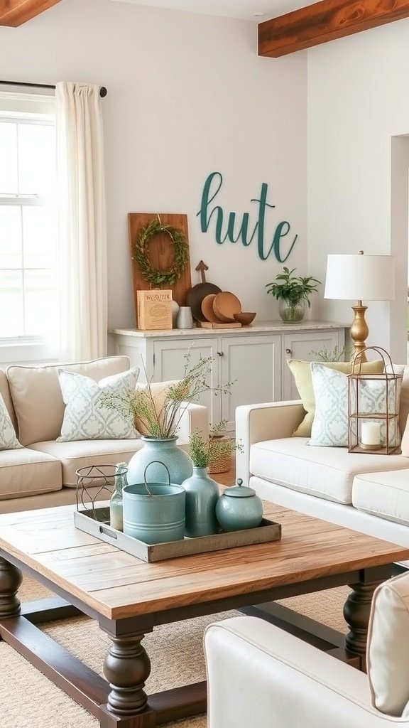 Modern farmhouse living room featuring galvanized metal decor items on a coffee table
