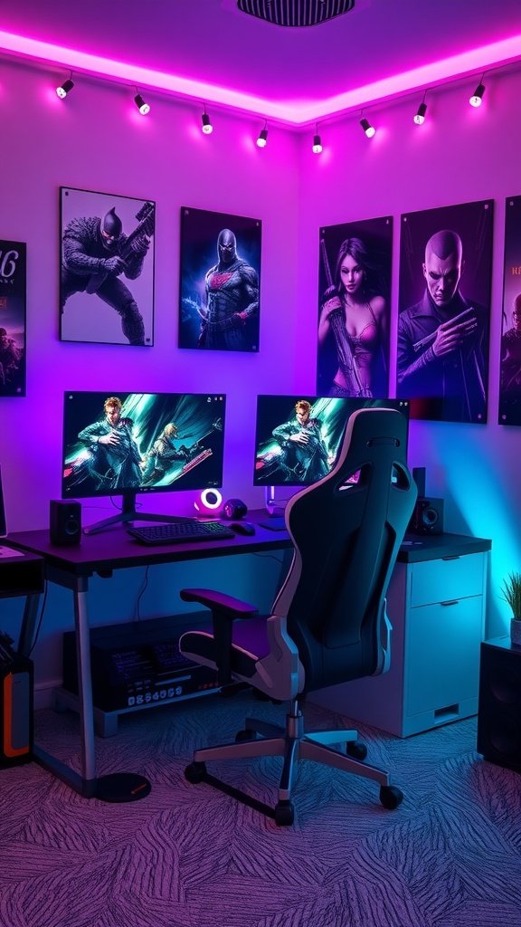 A stylish gamer bedroom featuring two monitors, a gaming chair, and colorful LED lights.