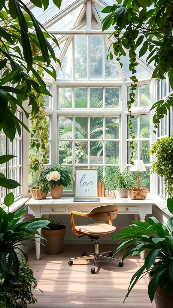 A bright garden conservatory office with plants, a desk, and a chair.