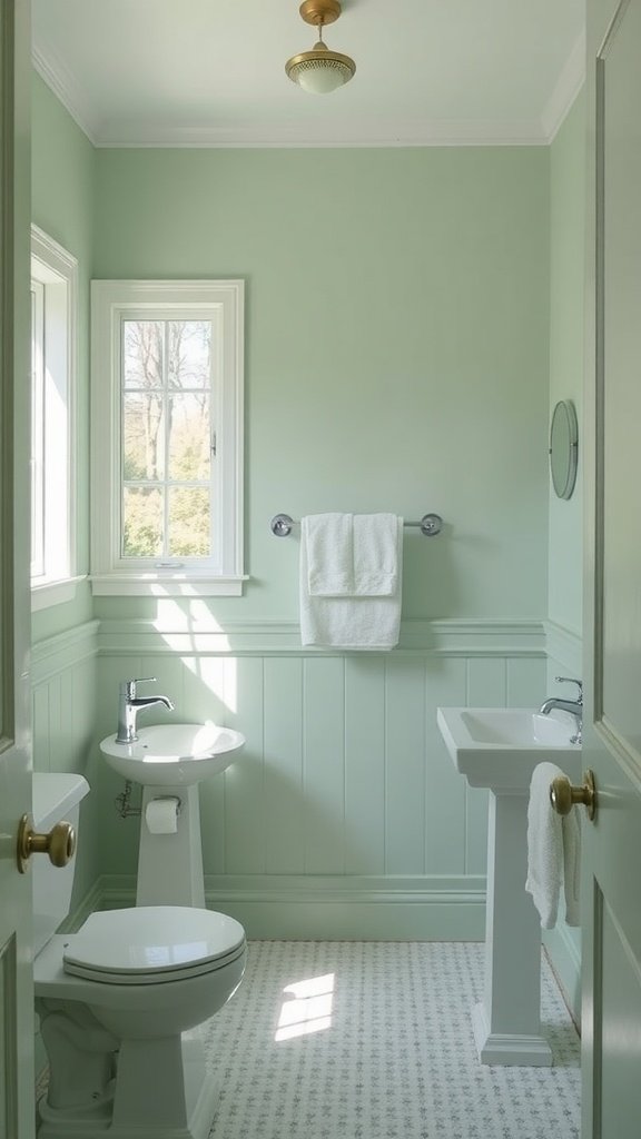 A small bathroom featuring gentle green walls, white fixtures, and natural light.