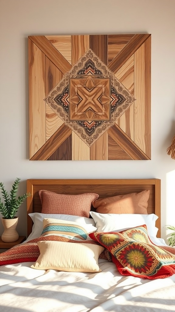 Geometric wood wall art above a bed with colorful pillows and a plant