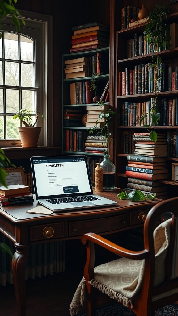 A cozy Dark Academia-inspired workspace with a wooden desk, bookshelves filled with books, and a laptop.