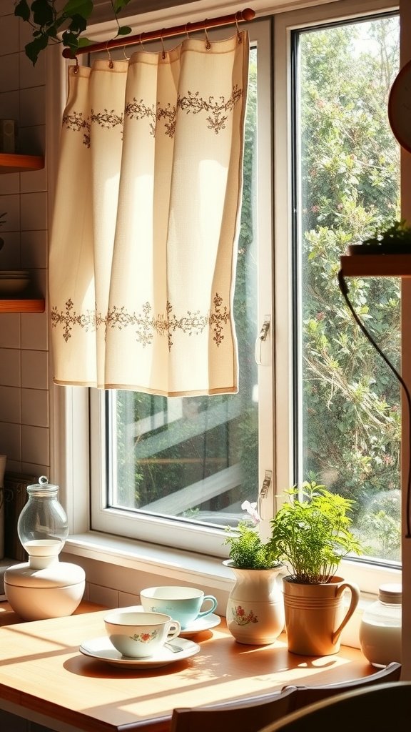 Light cloth napkin curtains in a kitchen with a sunny window, a wooden table, and vintage dishware.