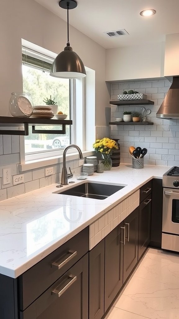 A modern kitchen featuring sleek dark cabinets and bright faux marble countertops, showcasing a stylish design.