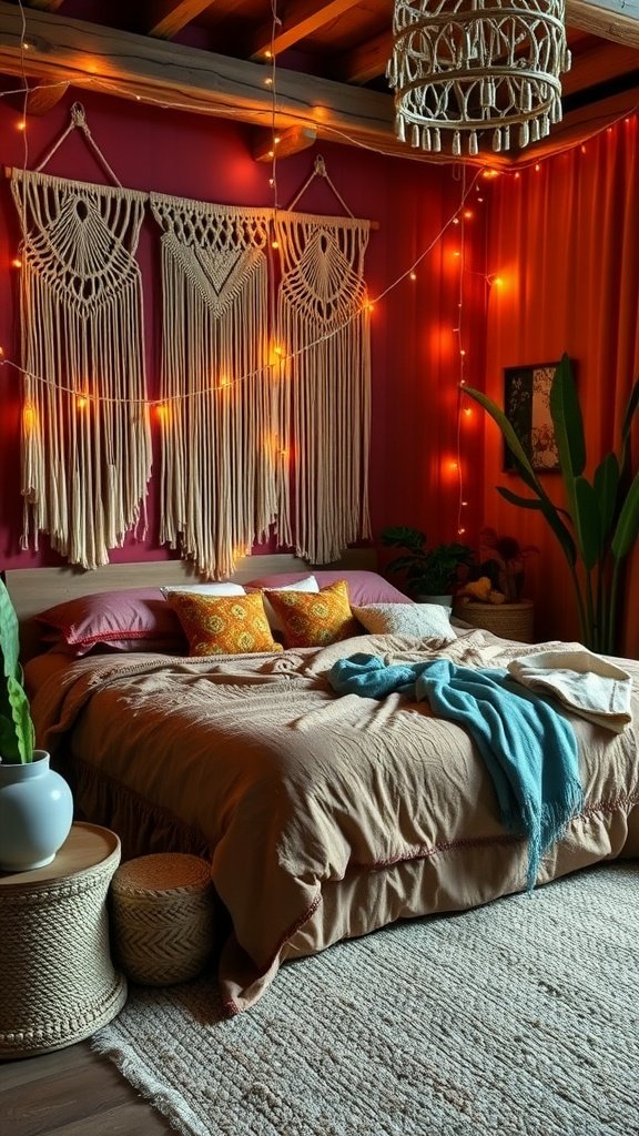 A cozy glam boho bedroom featuring pink walls, macramé wall hangings, fairy lights, and a cozy bed.