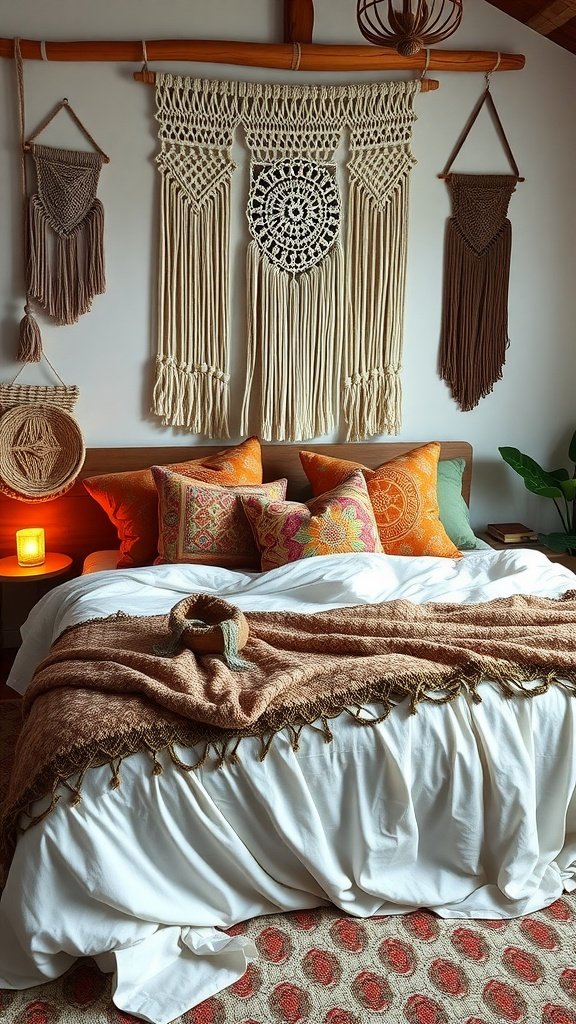 A luxurious boho bedroom with macramé wall art, colorful pillows, and a cozy bed setup.