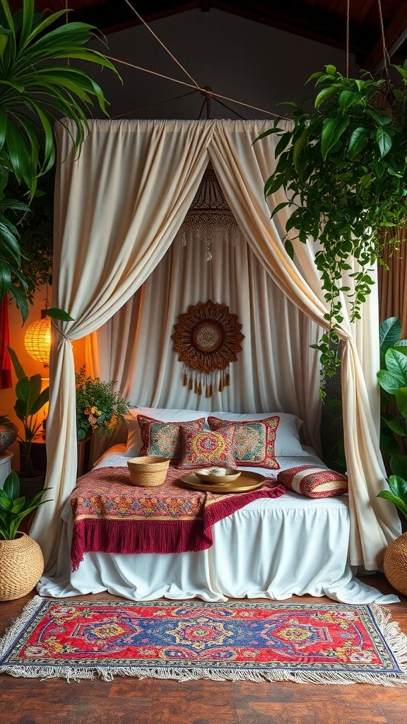 A cozy boho bedroom featuring a canopy bed with cream curtains, decorative pillows, and plants.