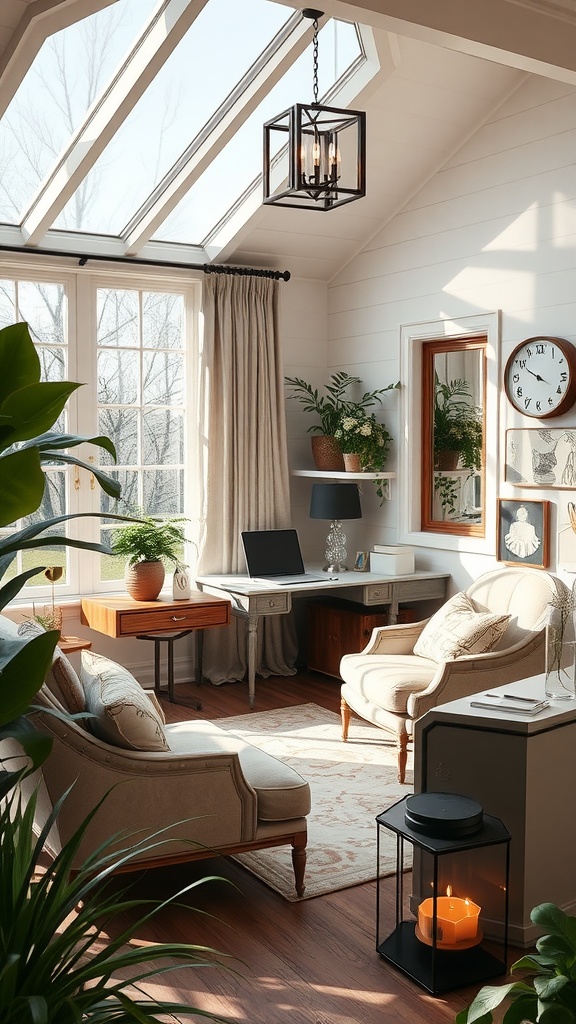A stylish home office with large windows, plants, elegant furniture, and a cozy atmosphere.