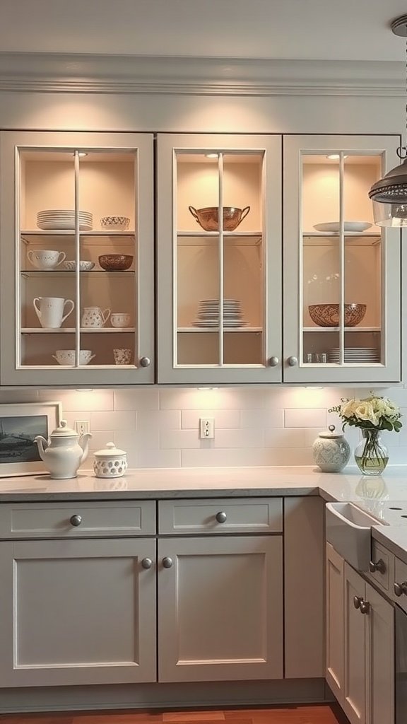 Kitchen with glass front cabinets displaying dishes and bowls, illuminated by warm lighting.