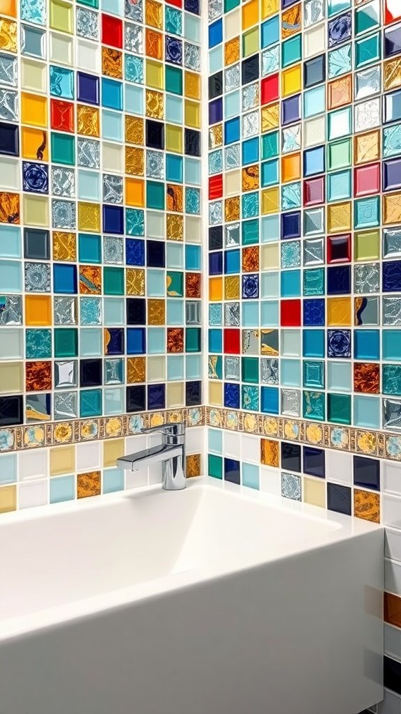 A wall of colorful glass mosaic tiles in a modern bathroom