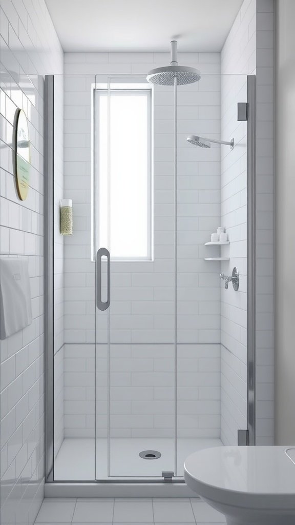 A small bathroom featuring a glass shower door, white tiles, and natural light.