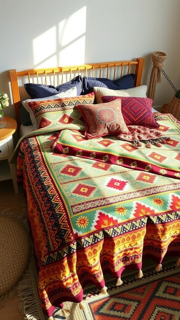A colorful global textiles bedspread with intricate patterns, layered with pillows, creating a cozy bedroom setting.