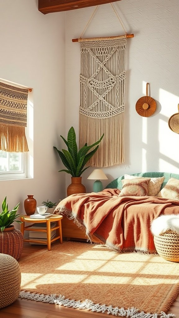 A cozy boho bedroom featuring a bed with a terracotta blanket, decorative cushions, woven wall hangings, and plants.