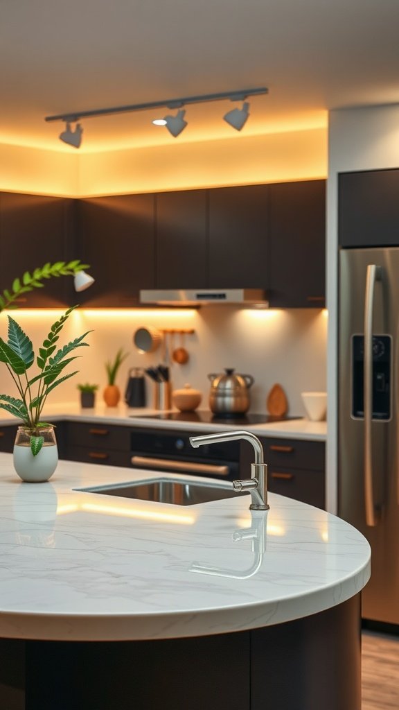Modern kitchen with curved marble countertop and dark cabinets