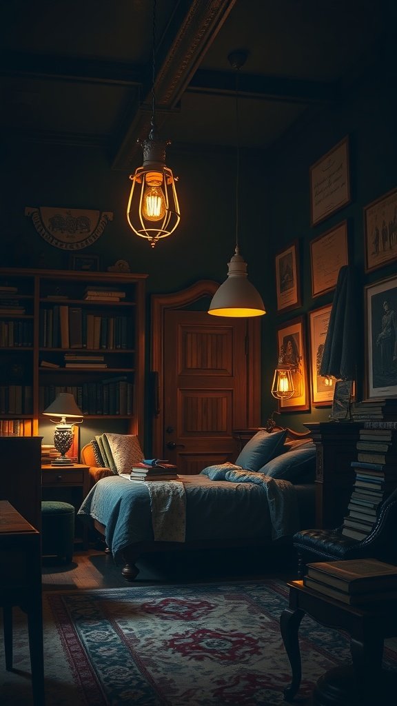 A cozy bedroom with vintage lighting, featuring a hanging lantern and a pendant light, surrounded by books and warm colors.