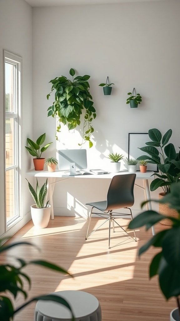 A minimalist home office setup with various plants, a desk, a chair, and natural light.