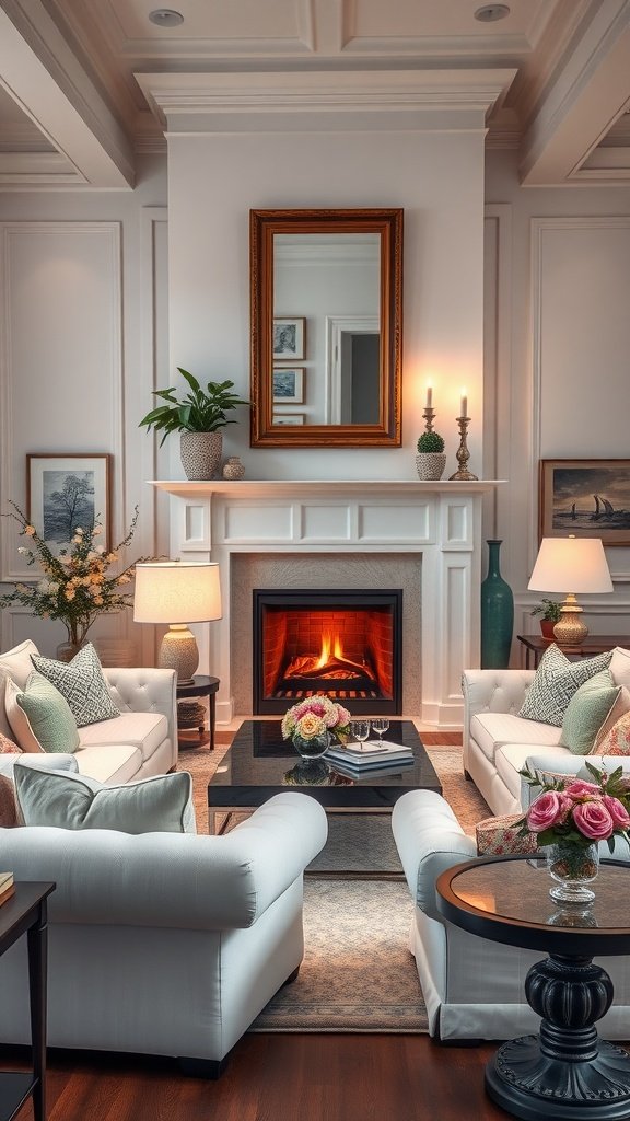 A traditional living room featuring white sofas, a classic fireplace, and elegant decor.