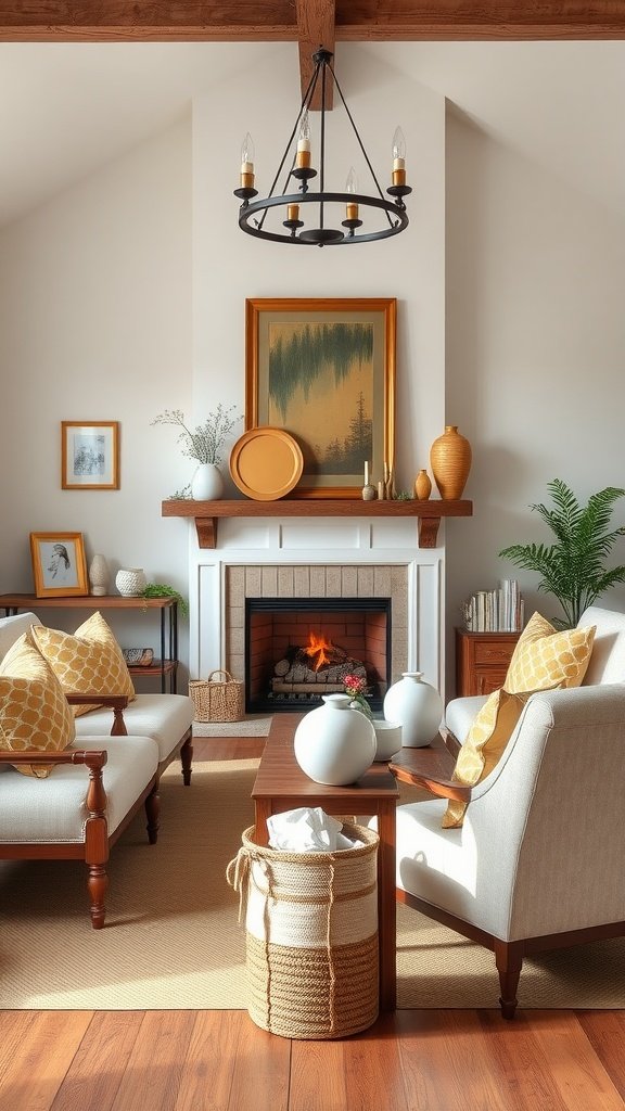 A cozy farmhouse living room featuring gold accents in decor.