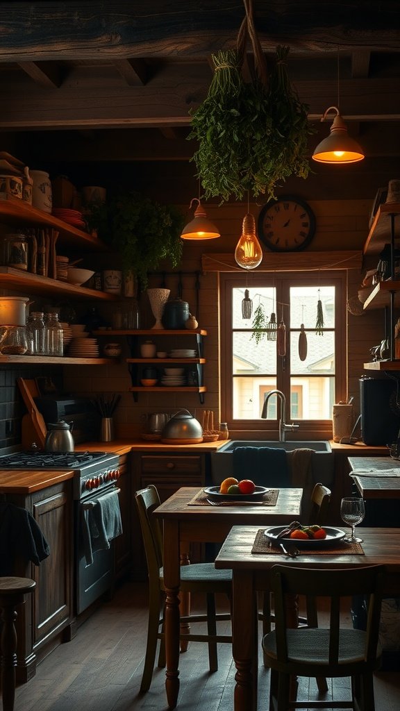 A cozy kitchen with wooden shelves, a vintage stove, fresh herbs hanging from the ceiling, and a table set with fruits, all in a warm, moody ambiance.
