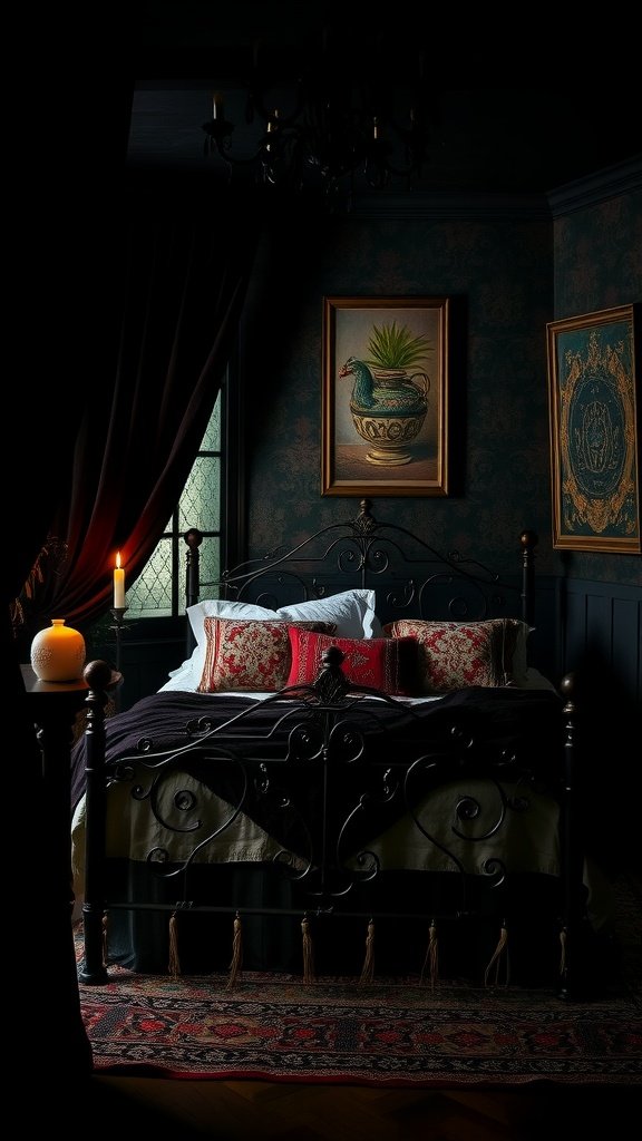 Gothic Bohemian bedroom featuring a black iron bed, rich patterned pillows, candlelight, and dark wall decor.