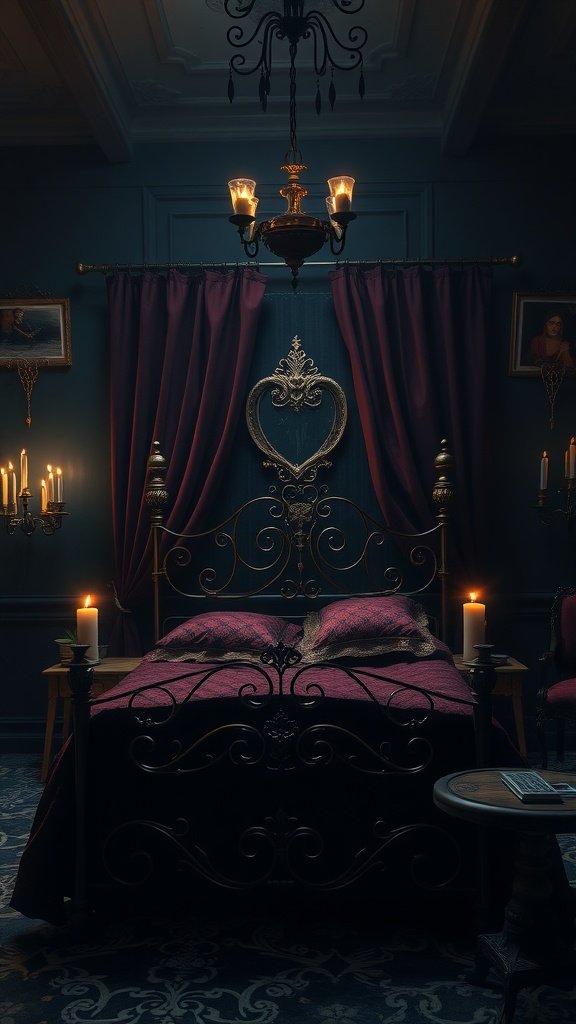 A Gothic fairy tale bedroom with a heart-shaped iron bed, rich red curtains, and candles.