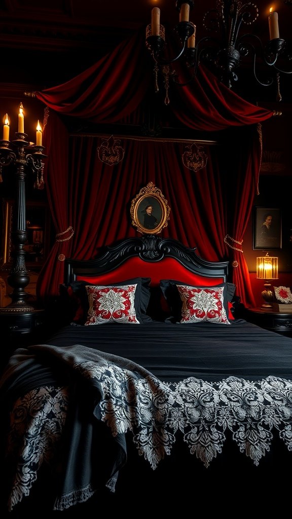 An elegant Gothic bedroom with red drapery, black bed, and candlelight.