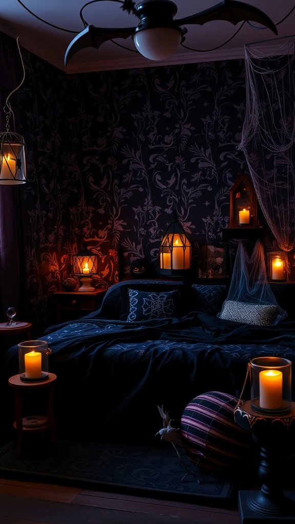 A Gothic whimsy bedroom featuring dark spectral wallpaper, candles, and vintage decor.