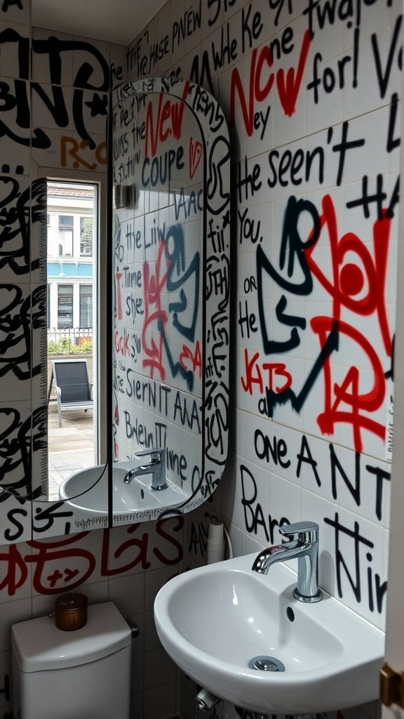 Small bathroom with graffiti walls and a modern mirror