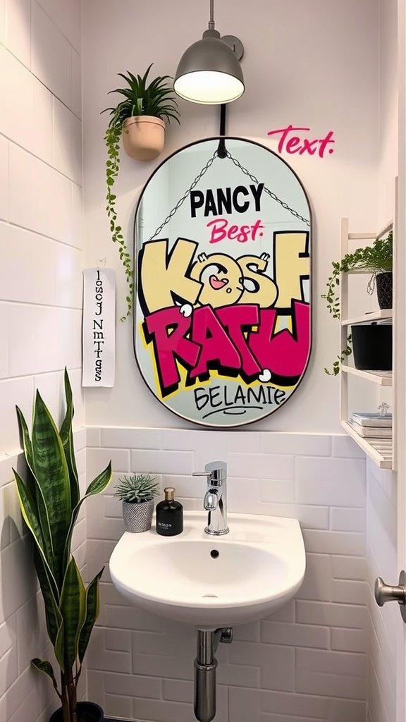 Graffiti adorned mirror in a small bathroom with white tiles and plants