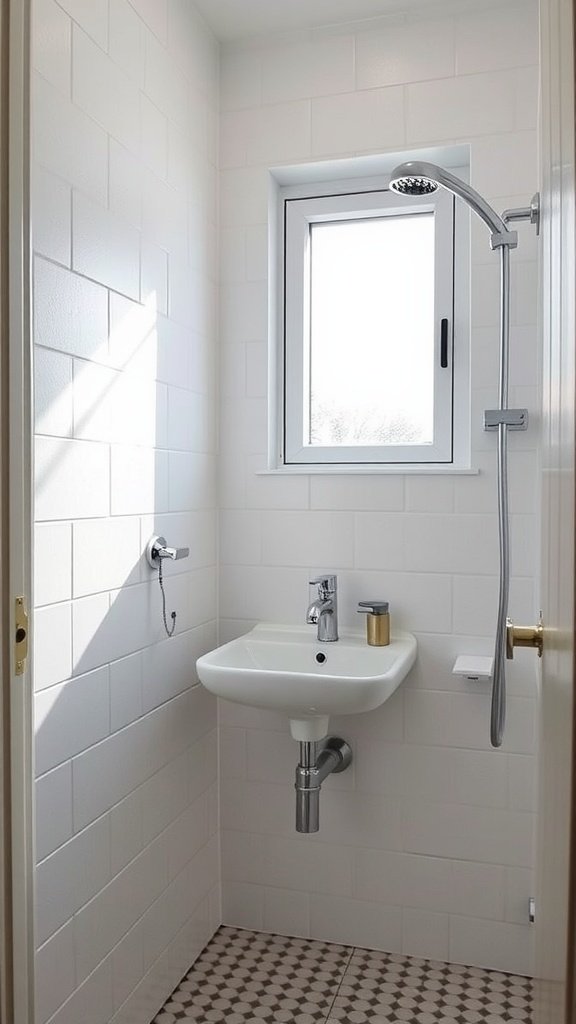 Small bathroom with graphic white tiles, wall-mounted sink, and a modern showerhead