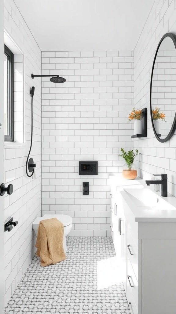 Modern small bathroom with white subway tiles, patterned flooring, and contemporary fixtures.