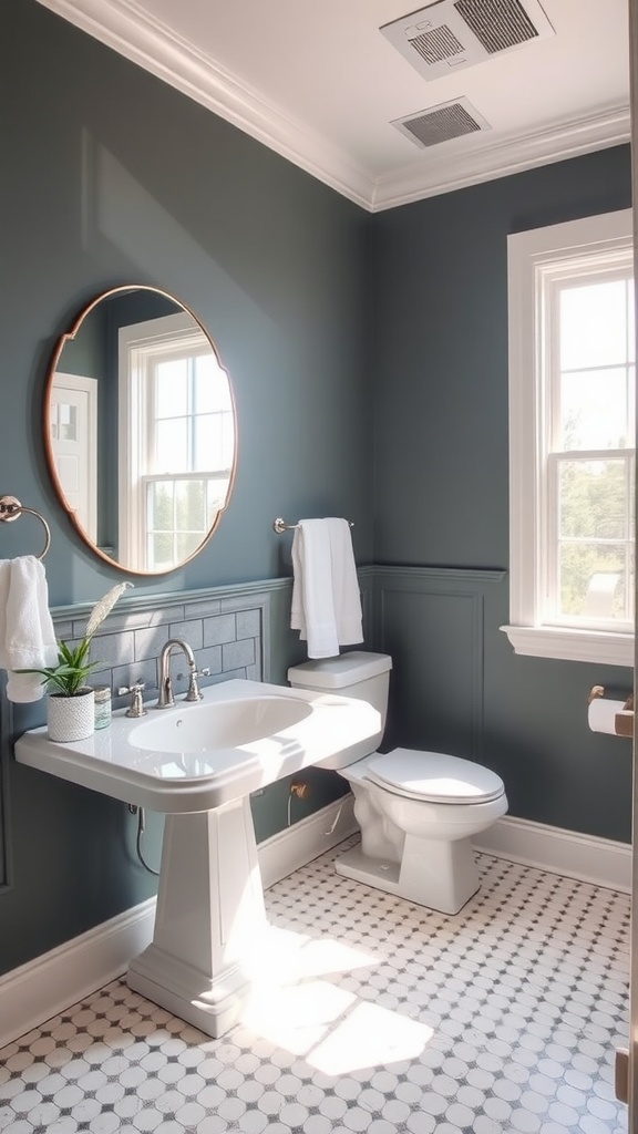 A bathroom featuring Great Falls paint by Sherwin-Williams with a round mirror and white fixtures