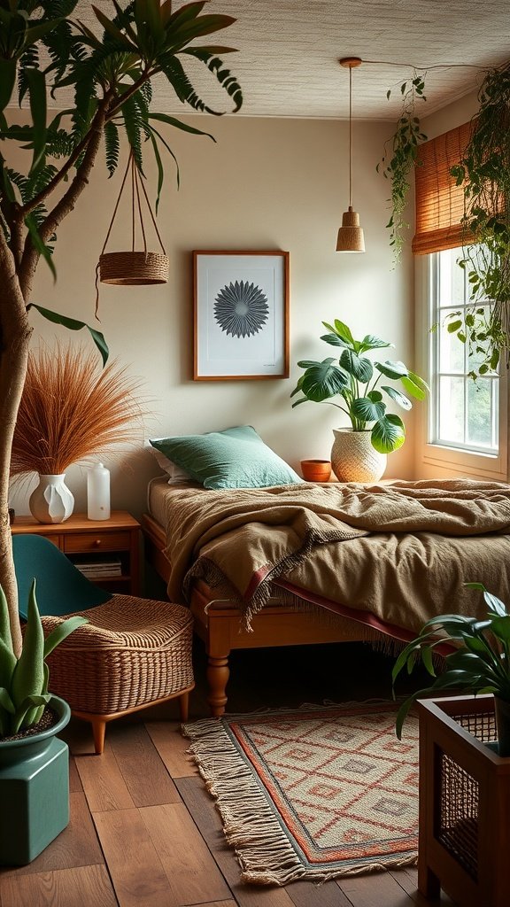 A cozy bedroom featuring green and terracotta elements, with plants and warm lighting.