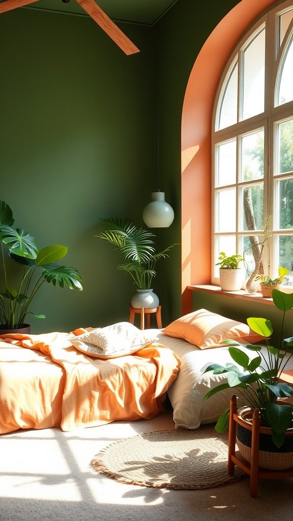 A cozy bedroom featuring green walls and terracotta accents, with plants and natural light.