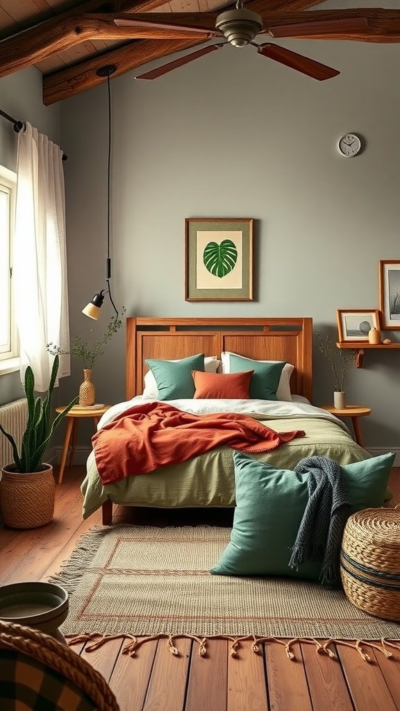 A cozy bedroom featuring green and terracotta decorations, including pillows, a throw, and natural wood furniture.