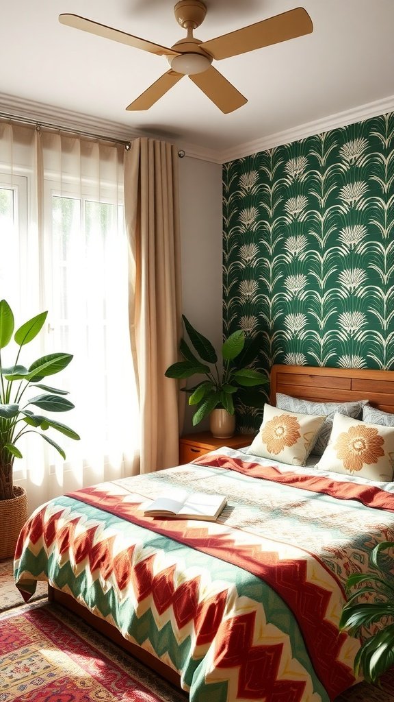 A cozy bedroom featuring green and terracotta geometric patterns with natural light and plants.