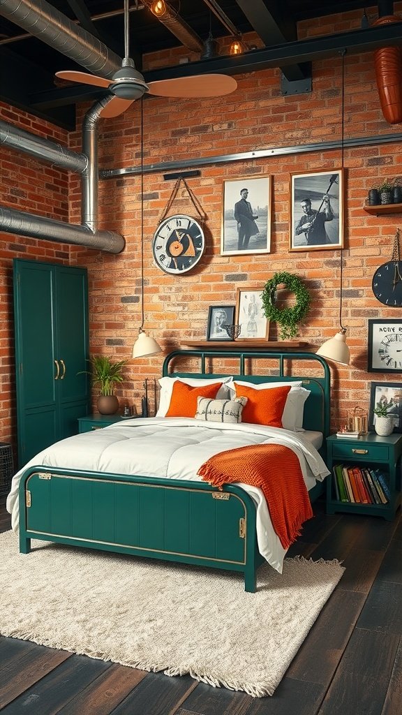 Industrial chic bedroom with green bed frame, terracotta accents, and exposed brick wall