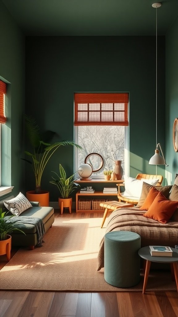 A cozy mid-century modern bedroom with green walls and terracotta accents, featuring plants and warm textures.