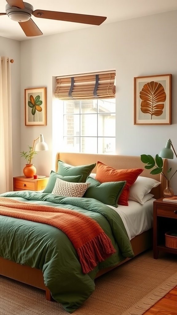 A cozy bedroom featuring green and terracotta bedding, with natural light and plant accents.