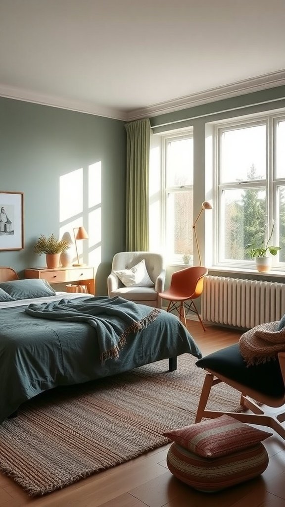 A Scandinavian style bedroom with green walls, terracotta accents, and natural light.
