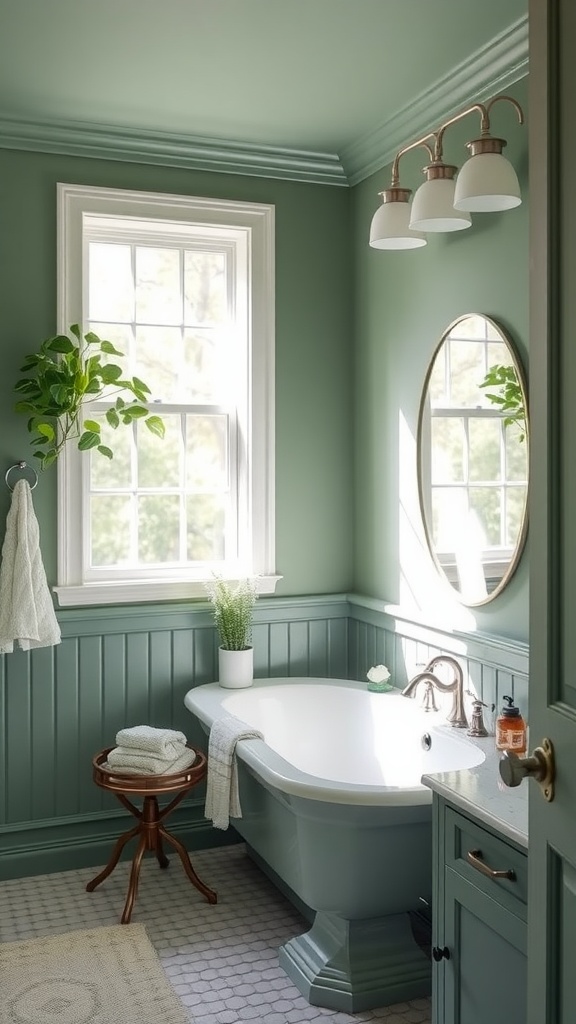 A stylish bathroom painted in Green Grove by Benjamin Moore featuring a freestanding tub and modern lighting.