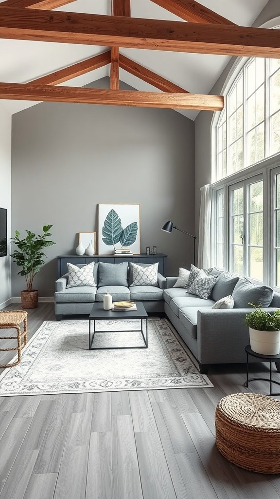 A modern farmhouse living room featuring grey walls, wooden beams, a grey sectional sofa, and decorative plants.