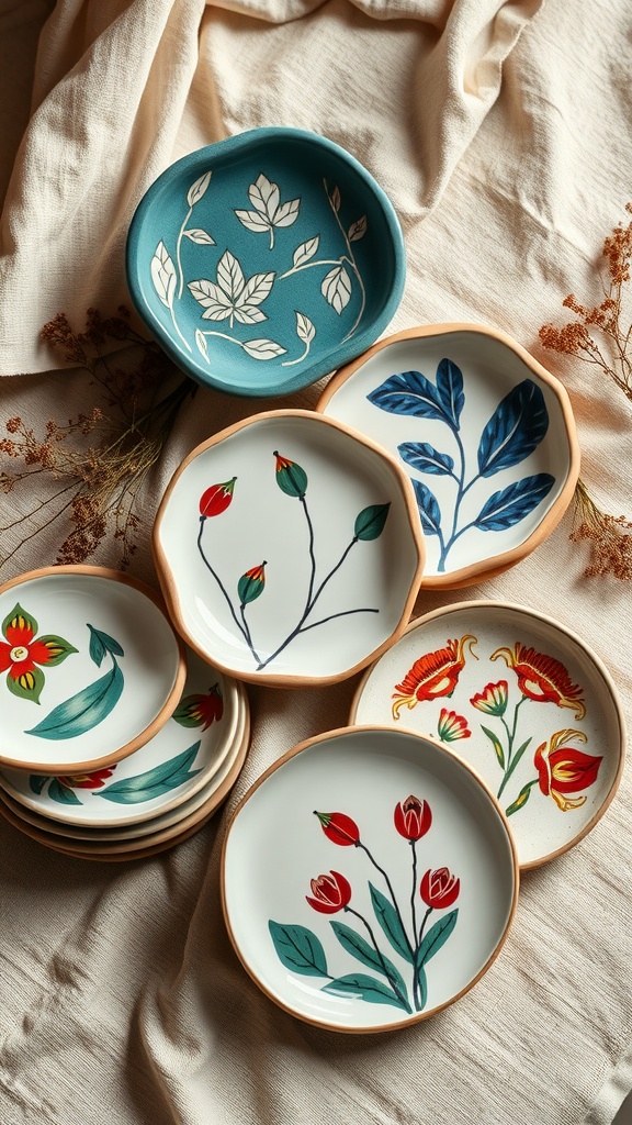 Collection of colorful hand-painted ceramic plates on a beige fabric