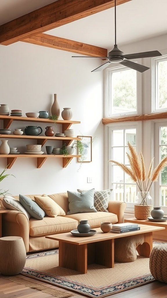 A cozy modern farmhouse living room showcasing handmade pottery and ceramics on wooden shelves.