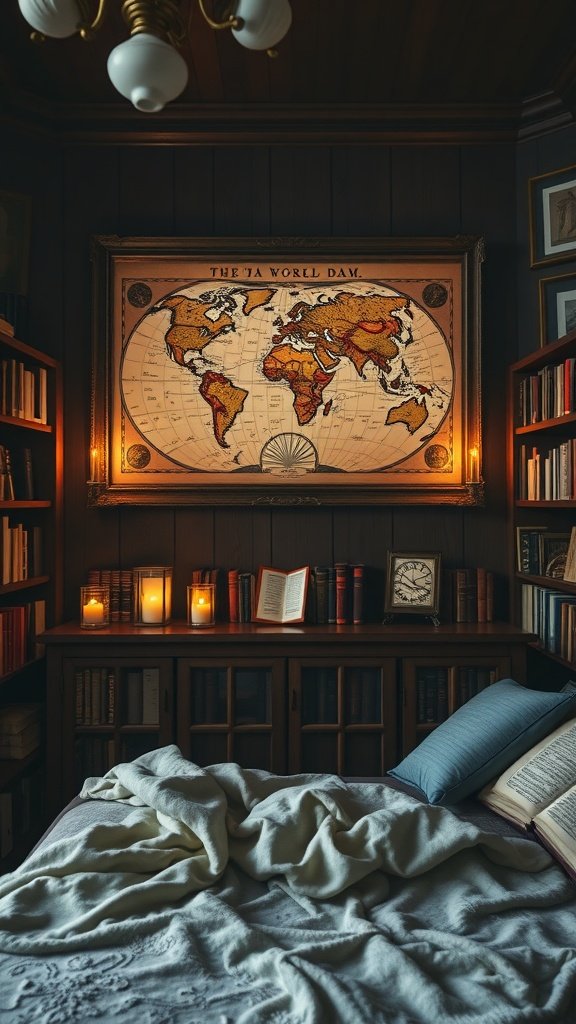 A cozy bedroom featuring a vintage world map on the wall, surrounded by bookshelves and soft lighting.