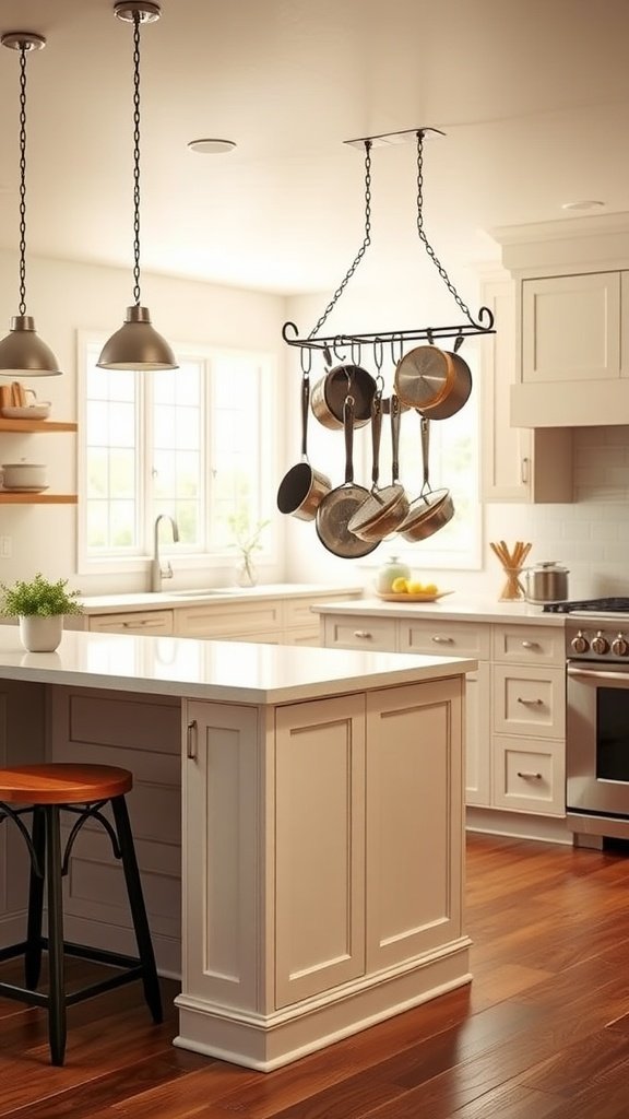 A modern kitchen with a white peninsula and a hanging pot rack displaying various pots and pans.