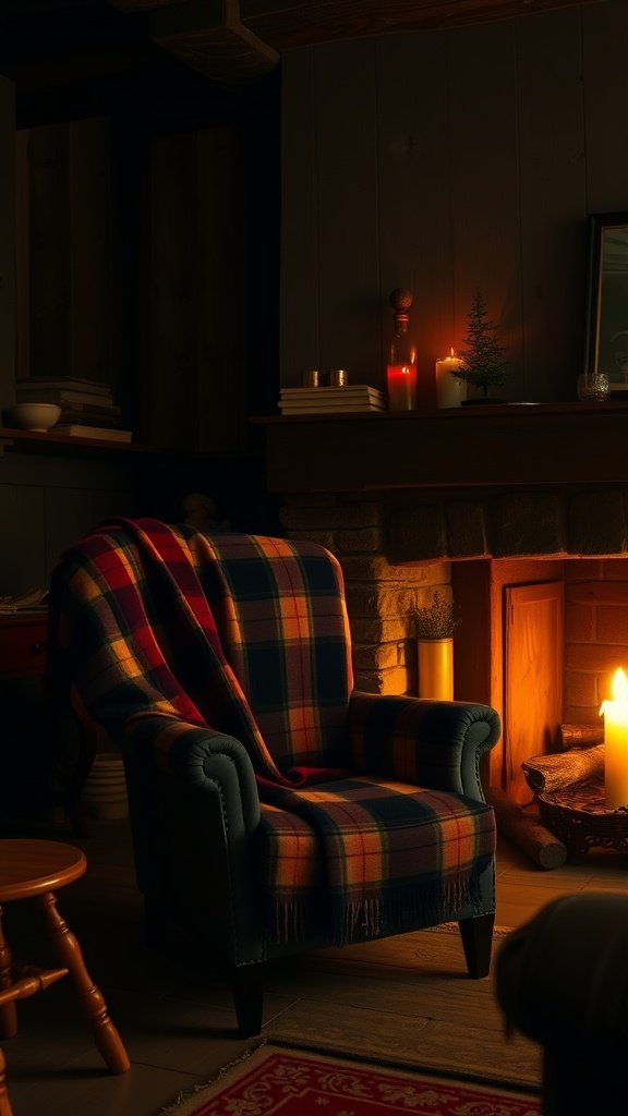 Cozy plaid chair beside a flickering fireplace with candles and books.